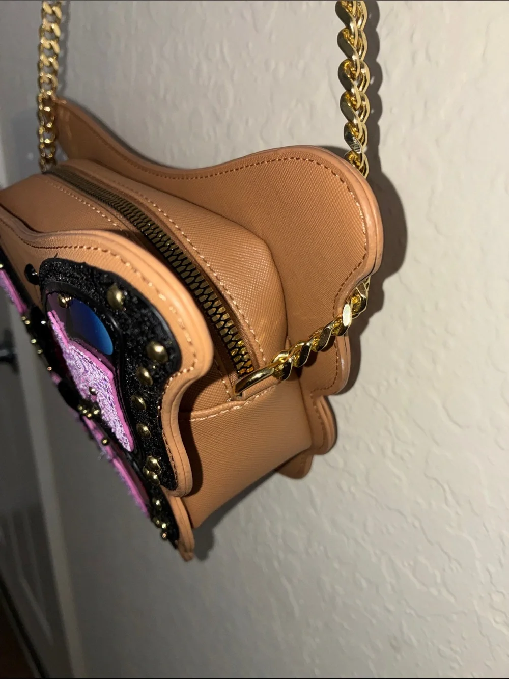 Betsey Johnson Tan Crossbody Bag with Purple, Pink and Blue Butterfly